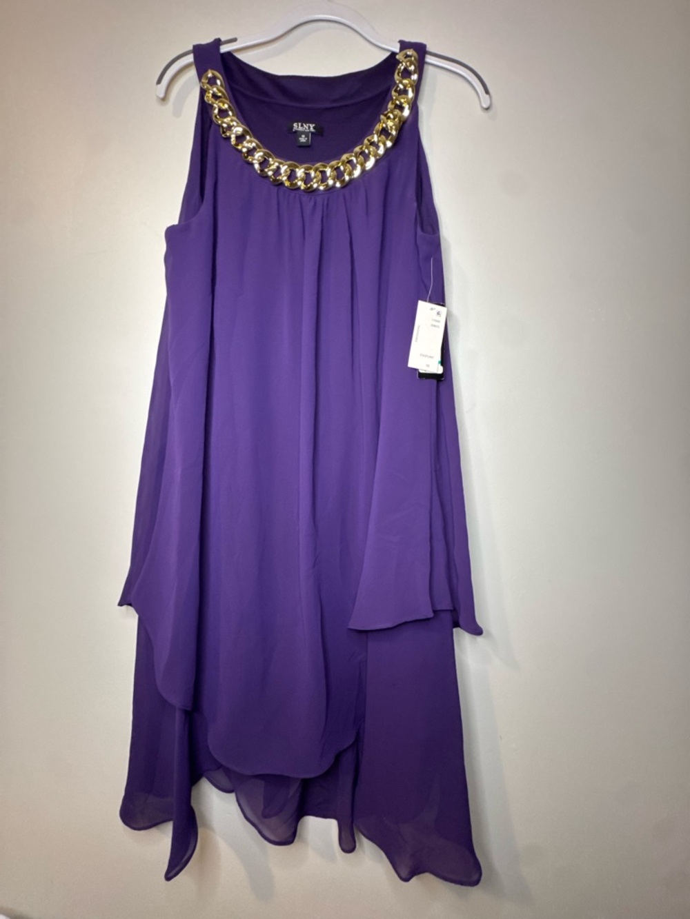 NWT SLNY Purple Chiffon Chain-Trim Sleeveless Dress SZ 16
